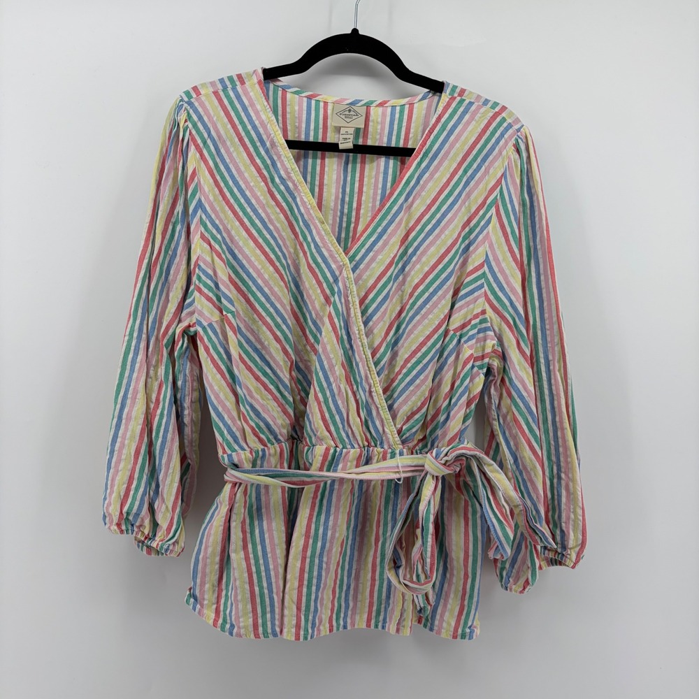 St Johns Bay Womens Plus Wrap Style Striped Long Sleeve Top XL Cotton
